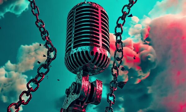 Conceptual story of a chained microphone breaking free and soaring into the sky symbolizing free speech. World Press Freedom Day