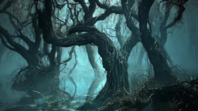 Dark and cursed swamp with twisted trees creates an eerie atmosphere at twilight, dark and cursed swamp with twisted trees, Seamless ing video background