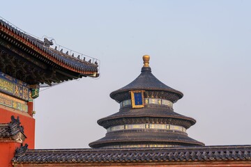 Close-up view of the Temple of Heaven in Beijing, showcasing intricate architectural details