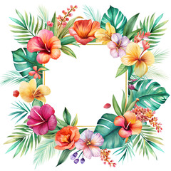 Obraz premium Exotic watercolor floral frame with tropical hibiscus, orchids, and palm leaves in coral, teal, and gold. Perfect for summer designs and invitations.