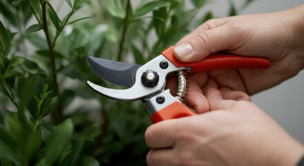 Hands pruning green plants with red garden shears in garden setting
