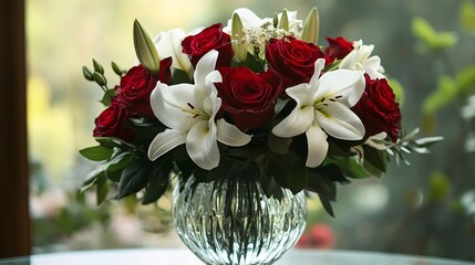 Elegant Romance - Red Roses and White Lilies Bouquet in Crystal Vase
