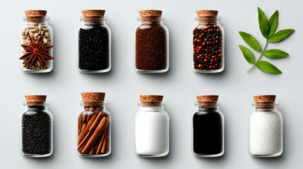 Assortment of Herbs and Spices in Glass Jars