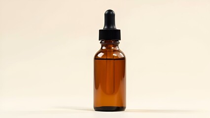 Fototapeta premium Serum bottle mock up with a dropper cap, dark brown glass. Light background. Skincare and hydration concept