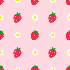 Strawberry flowers summer seamless vector children's pattern. 