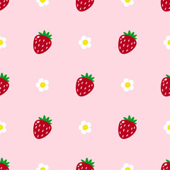 Strawberry flowers summer seamless vector children's pattern. 