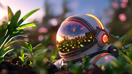 Astronaut Helmet Amidst Martian Greenhouse Plants at Sunset