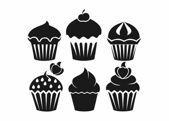 A set of six black silhouette cupcakes, each with a different frosting design.