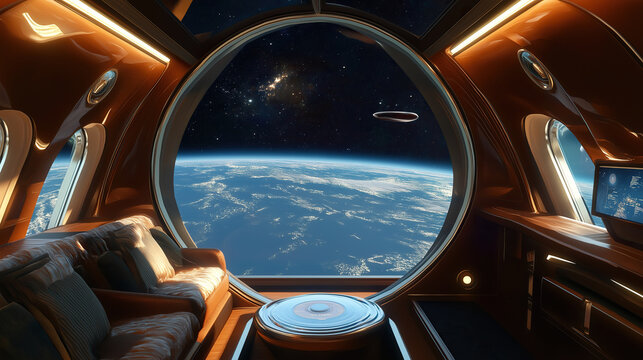 space tourism interior of space shuttle with view of earth from space