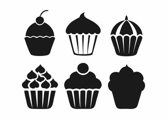 A set of six black silhouette cupcakes, each with a different frosting design.