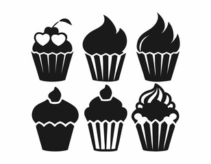A set of six black silhouette cupcakes, each with a different frosting design.