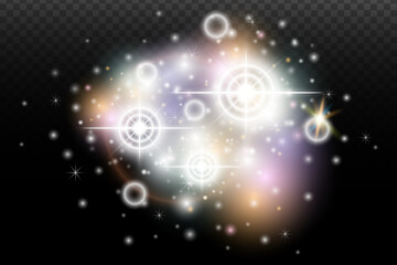 Light flash effect with flares and glow on a transparent background. Magical glow, shining light, star, optical flares for design, photomontage, New Year, and festive projects.