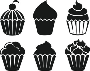 A set of six black silhouette cupcakes, each with a different frosting design.