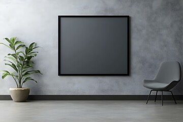 Blank Black Frame on Gray Wall in Minimalist Room