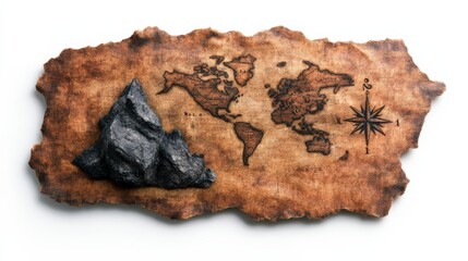 Fototapeta premium Aged treasure map of the world with compass rose resting on a white background beside dark rock creating a sense of adventure and exploration vibes.