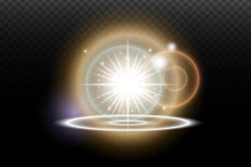 Light flash effect with flares and glow on a transparent background. Magical glow, shining light, star, optical flares for design, photomontage, New Year, and festive projects.