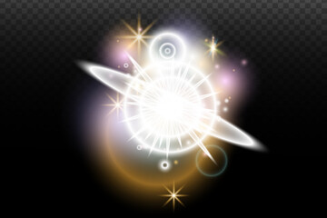Light flash effect with flares and glow on a transparent background. Magical glow, shining light, star, optical flares for design, photomontage, New Year, and festive projects.
