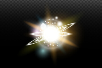 Obraz premium Light flash effect with flares and glow on a transparent background. Magical glow, shining light, star, optical flares for design, photomontage, New Year, and festive projects.