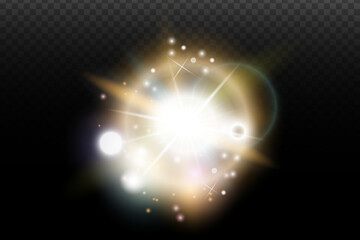 Light flash effect with flares and glow on a transparent background. Magical glow, shining light, star, optical flares for design, photomontage, New Year, and festive projects.