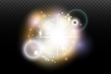 Light flash effect with flares and glow on a transparent background. Magical glow, shining light, star, optical flares for design, photomontage, New Year, and festive projects.