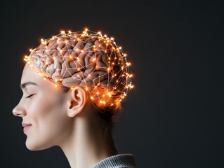 Woman with glowing energy surrounding her head, symbolizing mental clarity, creative thought, and intellectual energy, set against a dark backdrop of neon lights and abstract patterns
