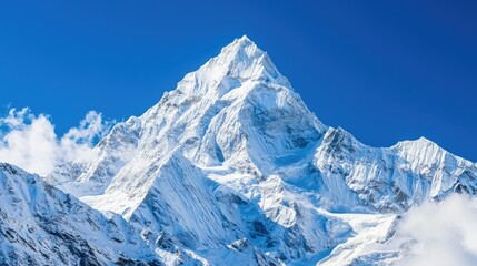 Naklejka premium A snow-covered mountain peak under a clear blue sky.
