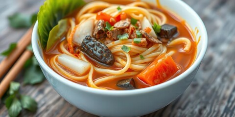 Close-up of savory Thai boat noodles in a white bowl, eating, food