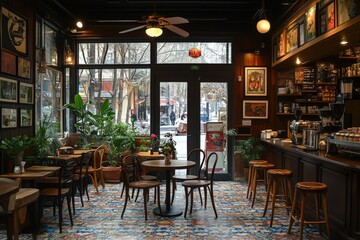 Fototapeta premium Cozy Cafe Area With Comfortable Seating and Inviting Ambiance for Shoppers to Unwind and Enjoy Leisure Time at a Vibrant City Location