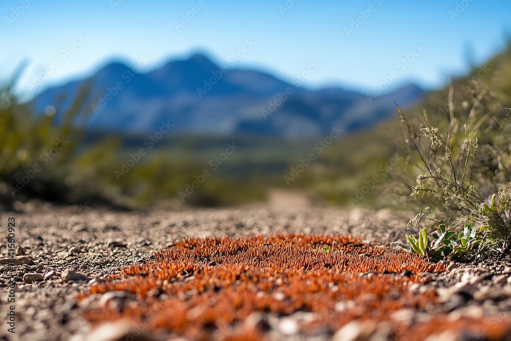 Poster detailed close-up of unique desert flora with a mountainous horizon in the background : generative a
