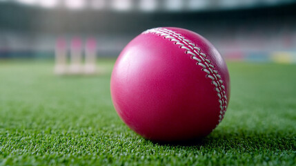 Naklejka premium Close-Up of a Brand-New Pink Cricket Ball on Grass Field 