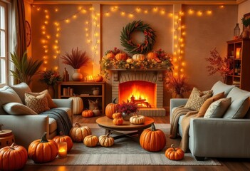 Cozy living room, carved pumpkins, twinkling fairy lights, autumnal decor, vintage, interior design
