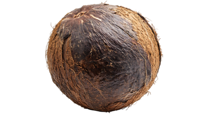 The image showcases a detailed close-up of a brown coconut with its fibrous outer shell visible.