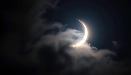 Crescent moon partially obscured by wispy clouds, ethereal glow, heavens, dusk