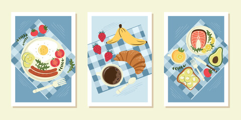 Fototapeta premium Hand-drawn posters with breakfast, lunch and dessert. Fashionable posters for cafes and restaurants. Minimalistic prints for covers, posters, banners and more.