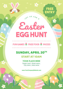 Easter egg hunt poster vector illustration. Easter eggs in spring meadow and rabbit hole