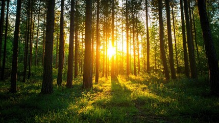 Obraz premium Sunlight filtering through the trees in a peaceful forest.