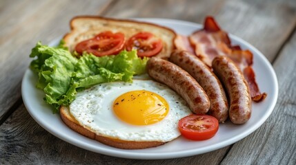 Delicious Breakfast Plate with Egg, Sausages, Tomato, and Lettuce