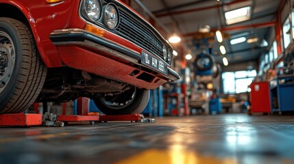 Obraz premium Classic car repair, garage workshop, low angle view