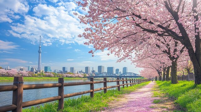 A stunning cherry blossom tree stands gracefully by the river, its delicate pink petals gently falling onto the vibrant green grass and a rustic wooden fence - Powered by Adobe