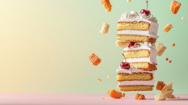 Three slices of chocolate cake topped with whipped cream and cherries levitate against a green background with floating pieces and colorful sprinkles.