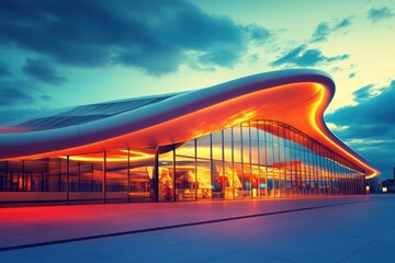 Obraz premium Futuristic train station with retro design and evening lighting