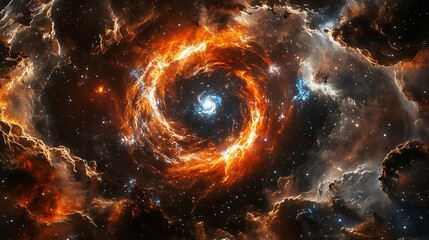 Spiral galaxy with swirling fire in deep space background