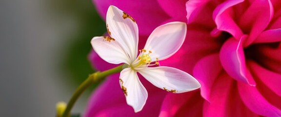 Fototapeta premium Delicate white flower with brown-tinged petals beside a vibrant pink bloom, color, closeup