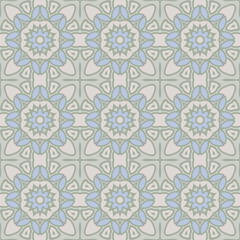 Trendy bright color seamless mandala pattern in gray blue green for decoration, paper, tiles, textiles, carpet, pillows. Home decor, interior design, cloth design.