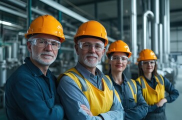 Industrial factory team of senior workers posing