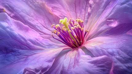 A detailed close-up of the center of a purple clematis flower, showcasing its yellow and purple stamen and pistil.
