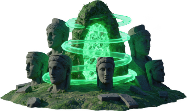 Mysterious Green Energy Envelops Ancient Stone Statues in a Mystical Ruin