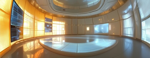 Fototapeta premium Interior of a Modern Studio: A panoramic view showcases a sleek, futuristic interior design, highlighted by the interplay of light and architectural curves. Perfect for conceptual visual media