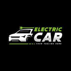 Electric car logo, Green hybrid vehicles charging point logotype