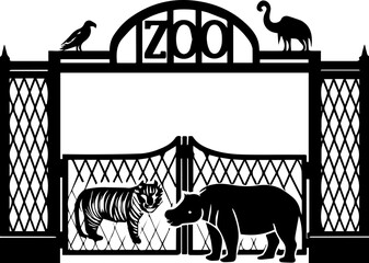 Zoo animals illustration including various species, SVG with clean lines. Black and White Zoo Gate with Animals and Decorative Elements